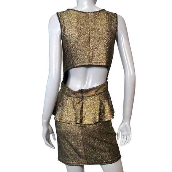 VTG Y2K A'gaci Metallic Gold Studded Peplum Mini Dress Size S Punk Rock Glam - Picture 3 of 8